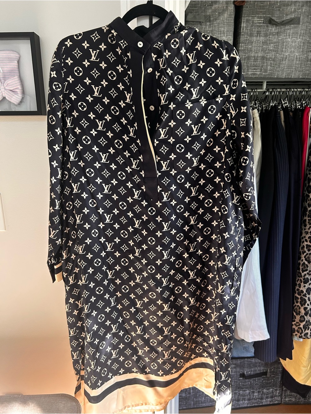 Louis Vuitton Navy and Cream Monogram Long-Sleeve Dress